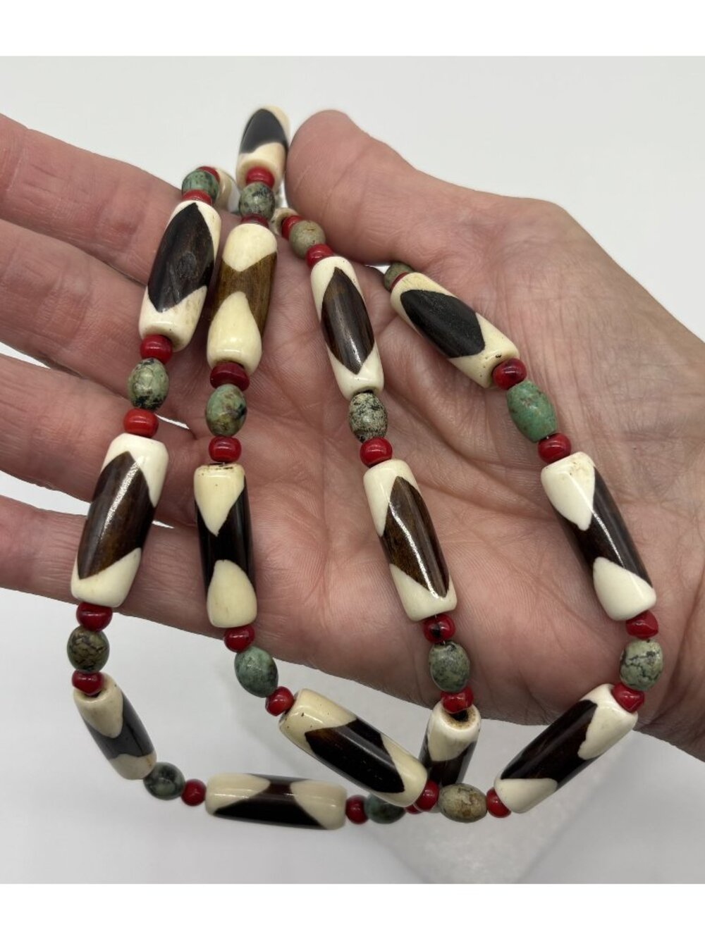 African Tribal Batik Bovine Bone Bead Long Necklace Turquoise Red Coral Unsigned